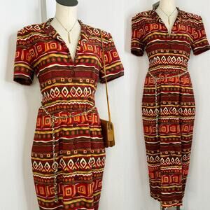 Vintage 80s 90s Short Sleeve Maxi/Midi Collared Button Front Printed Dress SZ 10